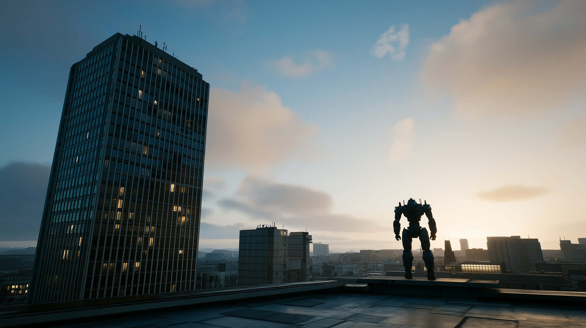 Mech Warrior on Rooftop of Cyberpunk Dystopian Cityscape 壁紙 — 一個高聳的機器人剪影站在城市屋頂上，夕陽西下，旁邊是一座玻璃摩天大樓，窗戶亮著燈。