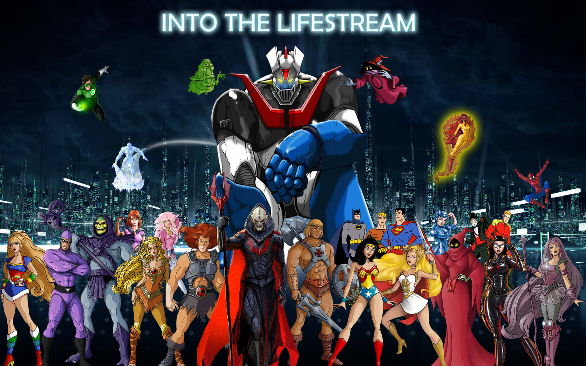 Cartoon Heroes 桌布 壁紙 — 一個高聳的機器人站在一群充滿活力的標誌性超級英雄和反派之中，背景是夜晚發光的城市天際線。