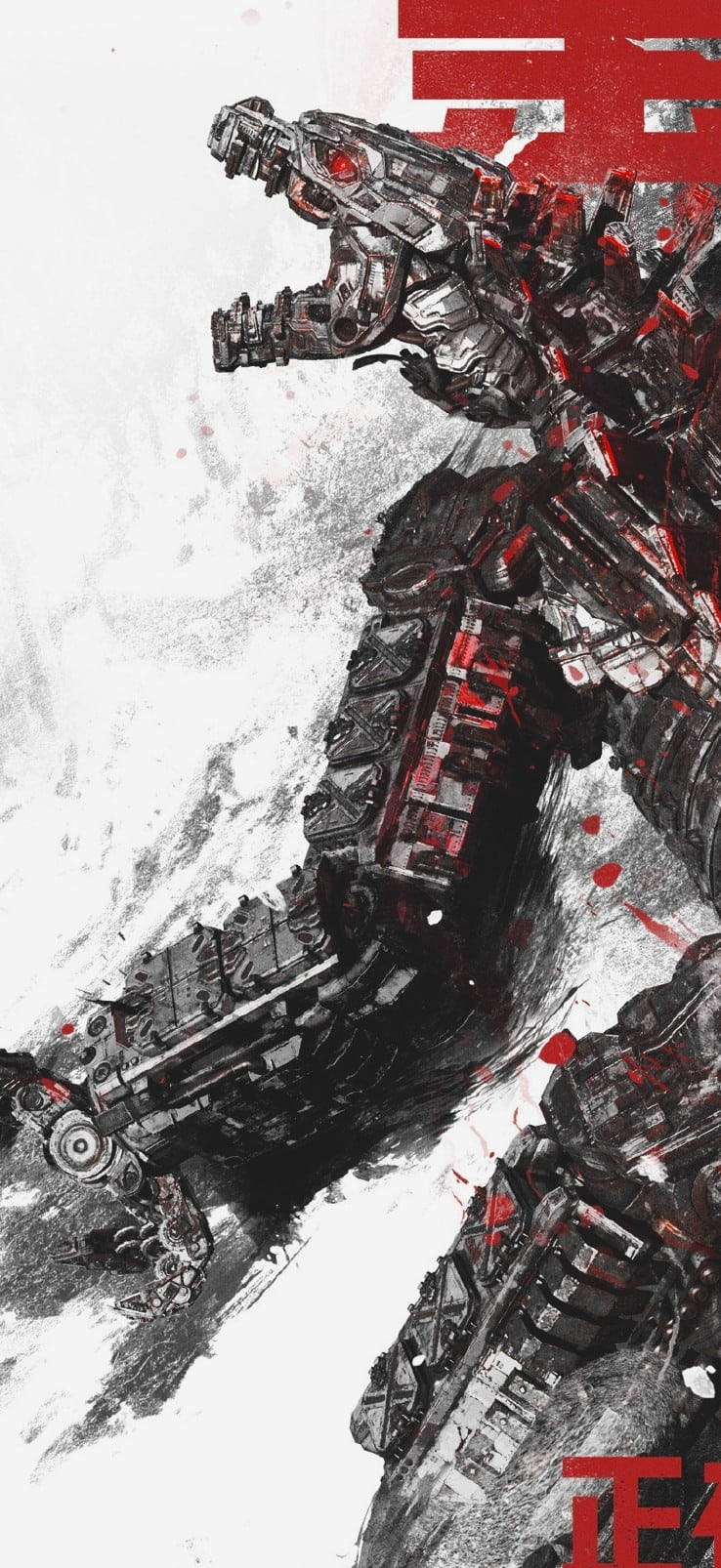 mechagodzilla 桌布 壁紙 — 一個高聳的機械戰士帶有紅色點綴，以粗糙的墨洗風格站在純白背景前。