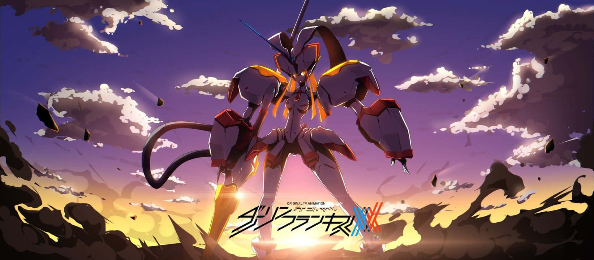 DARLING in the FRANXX 桌布 壁紙 — 一個高聳的機甲英雄般地站在戲劇性的紫色日落天空下，周圍有漂浮的碎片和風格化的雲朵。
