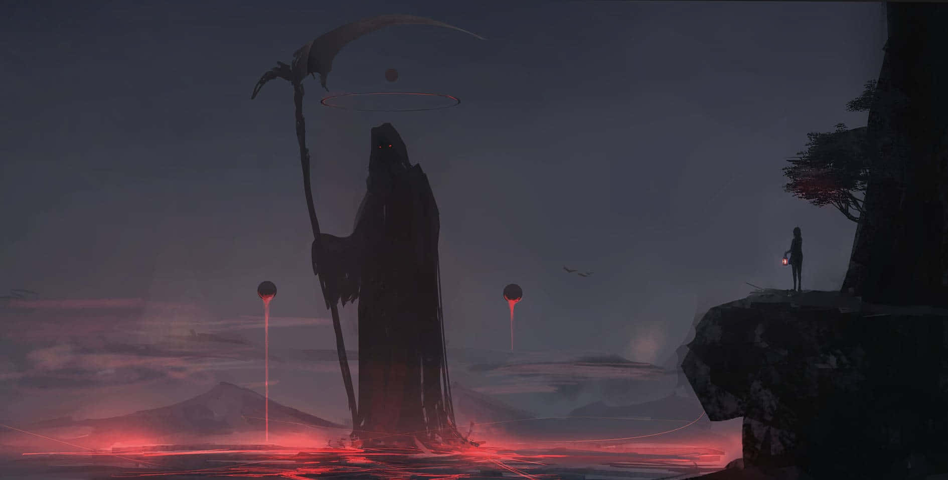 死神動圖 桌布 壁紙 — 一個高聳的死神站在發光的紅水中，一個孤獨的身影提著燈籠從懸崖邊觀望。