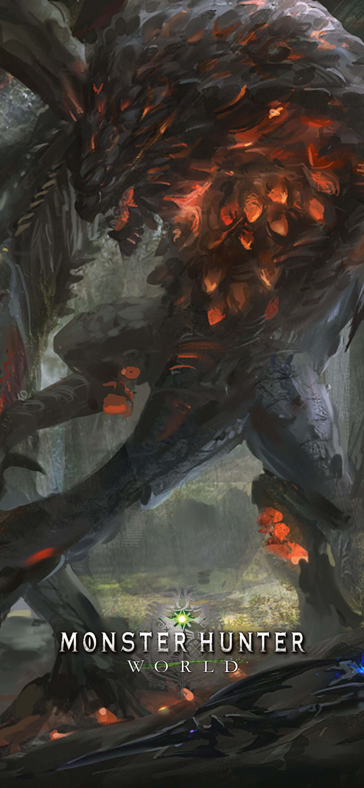 Monster Hunter 桌布 壁紙 — 一個高聳的火焰怪物，擁有發光的橙色眼睛和熔岩般的岩石紋理，在迷霧森林中若隱若現。