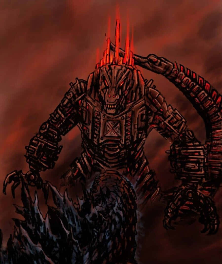 Robot Godzilla 桌布 壁紙 — 一個高聳的生物機械怪物，帶有發光的紅色尖刺和利爪，從參差不齊的冰層中出現，背景是火紅色的天空。