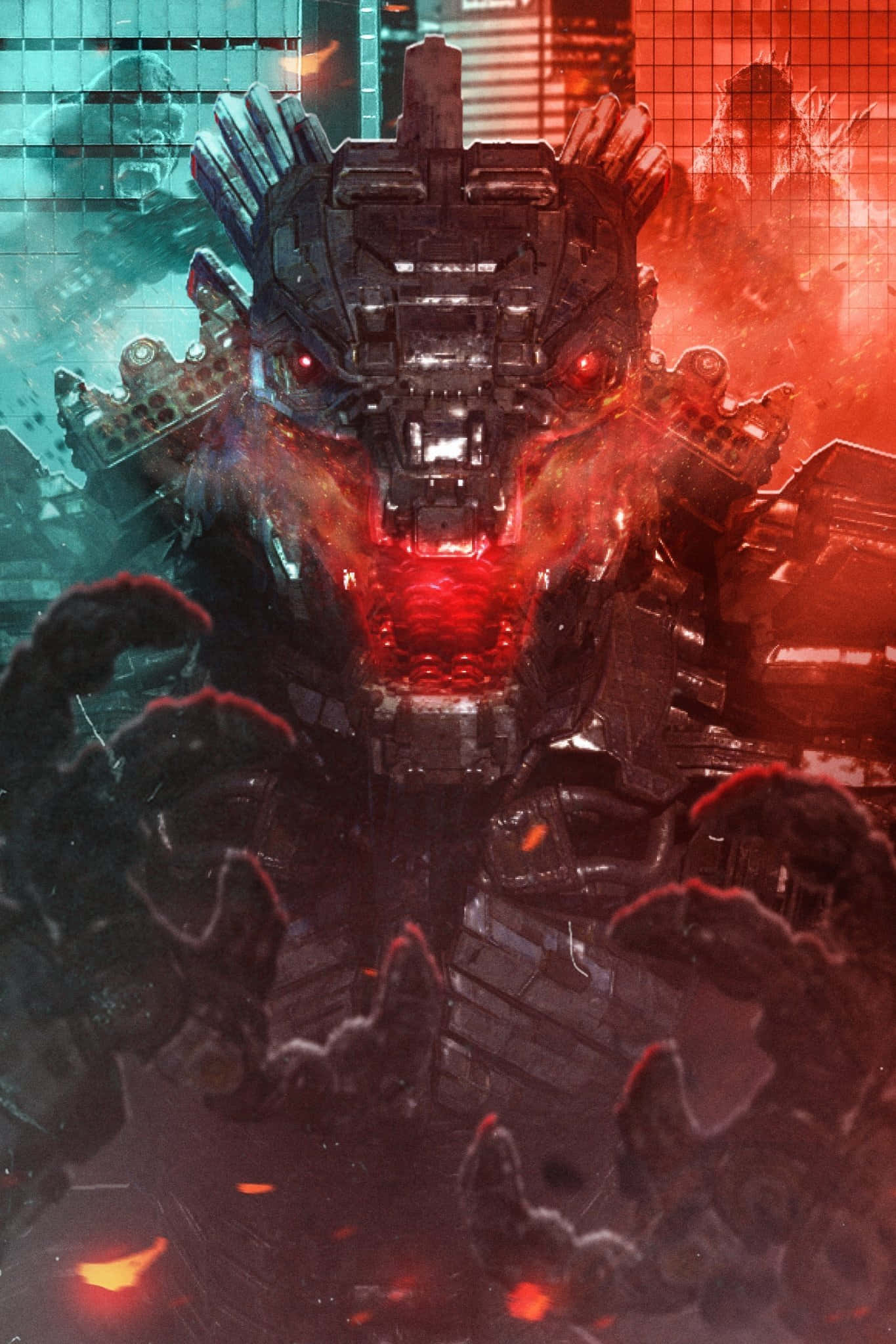 Robot Godzilla 桌布 壁紙 — 一個高聳的生物機械怪物，擁有發光的紅色眼睛和熔融核心，在破碎的城市景觀中咆哮。