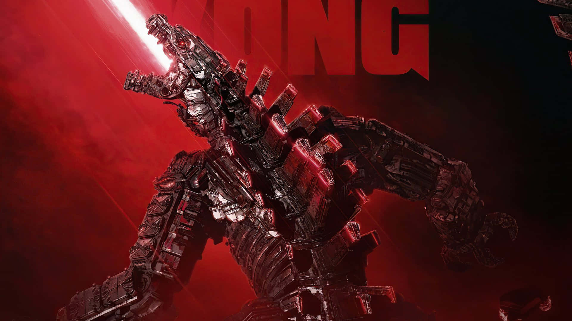 Robot Godzilla 桌布 壁紙 — 一個高聳的生物機械怪獸，擁有發光的紅色眼睛和鋸齒狀金屬裝甲，在血紅色的背景下威風凜凜地站立。