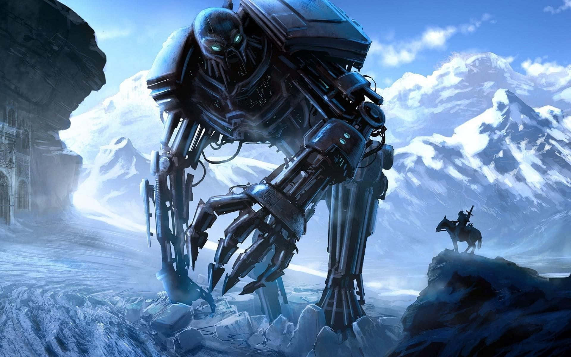 Anime Pc 桌布 壁紙 — 一個高聳的生物機械機器人，眼睛發光，站在白雪覆蓋的山谷中，一名孤獨的騎手騎著馬從懸崖上觀察。