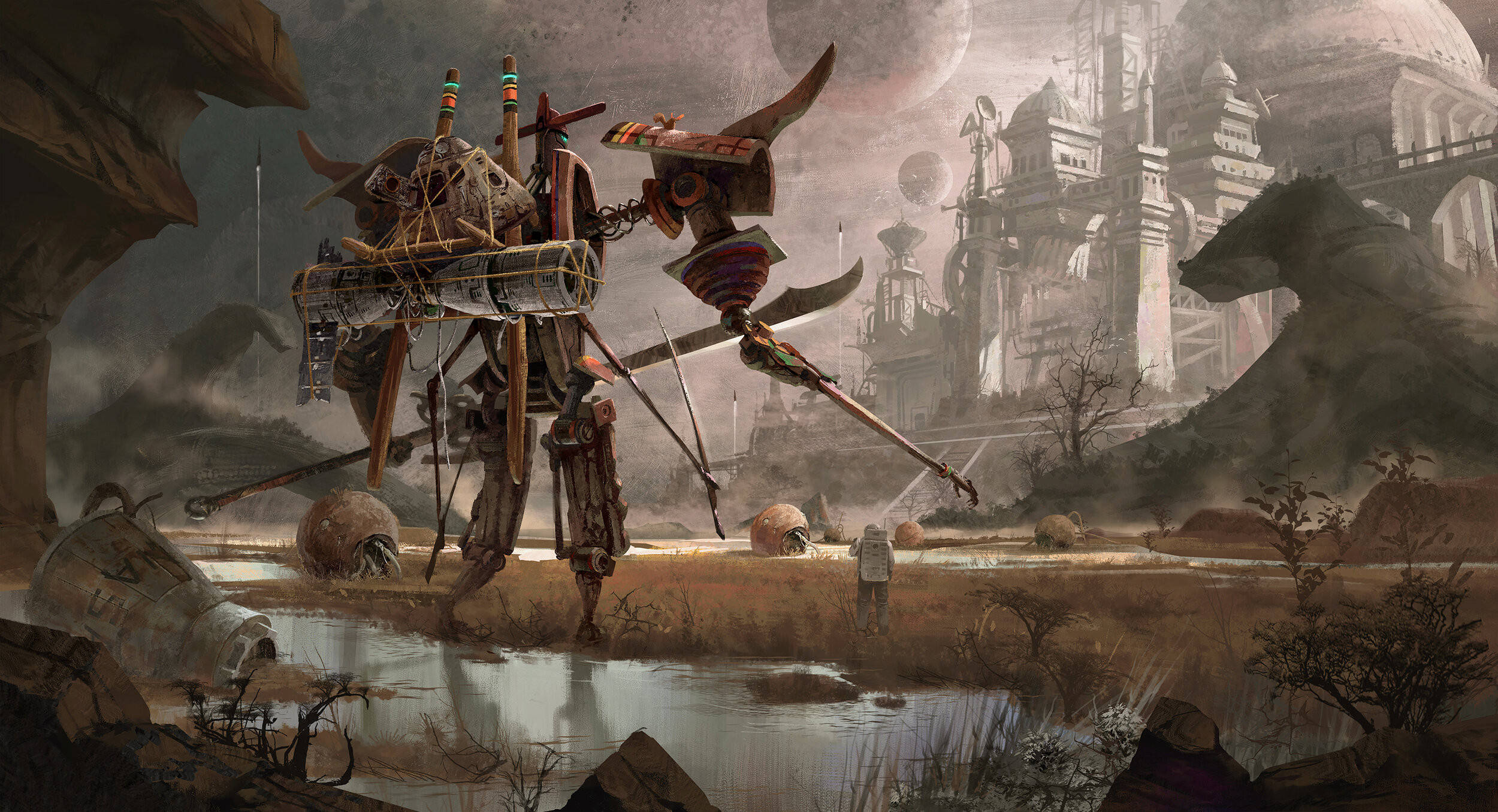 Sci Fi Landscape 桌布 壁紙 — 一個高聳的生物機械生物站在荒涼的荒地，靠近一座廢棄的城市，在暮色天空下。