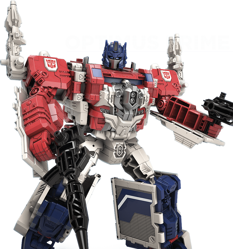 變形金剛 桌布 壁紙 — 一個高聳的紅白藍柯博文（Optimus Prime）動作人偶，在黑色背景上英勇站立，上方顯示其名字。
