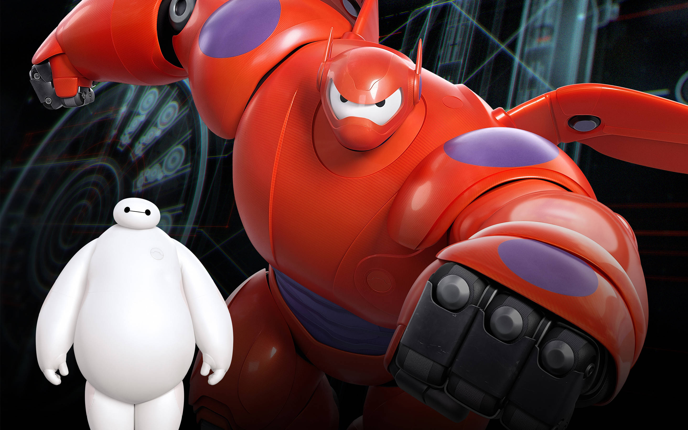 Baymax 桌布 壁紙 — 一個高聳的紅色 Baymax 機器人保護性地站在一個白色小型 Baymax 旁邊，處於高科技數位環境中。