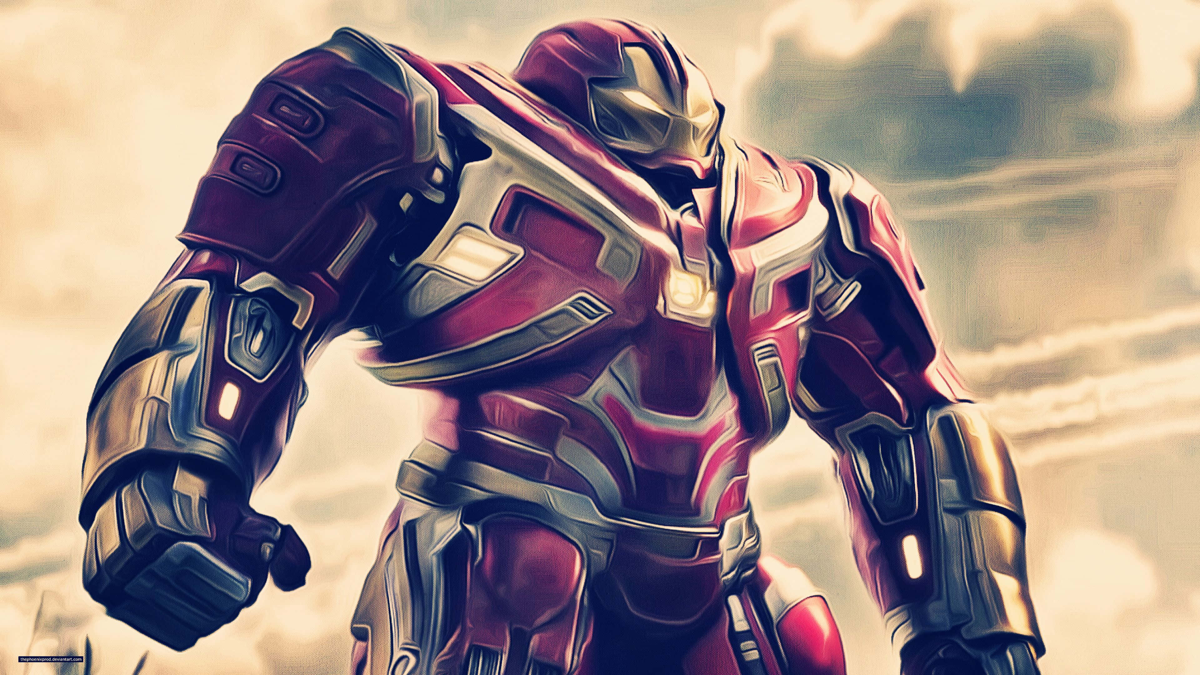 Best Marvel 桌布 壁紙 — 一個高聳的紅金配色裝甲超級英雄以強力姿態站立在陰雲密布的天空前。