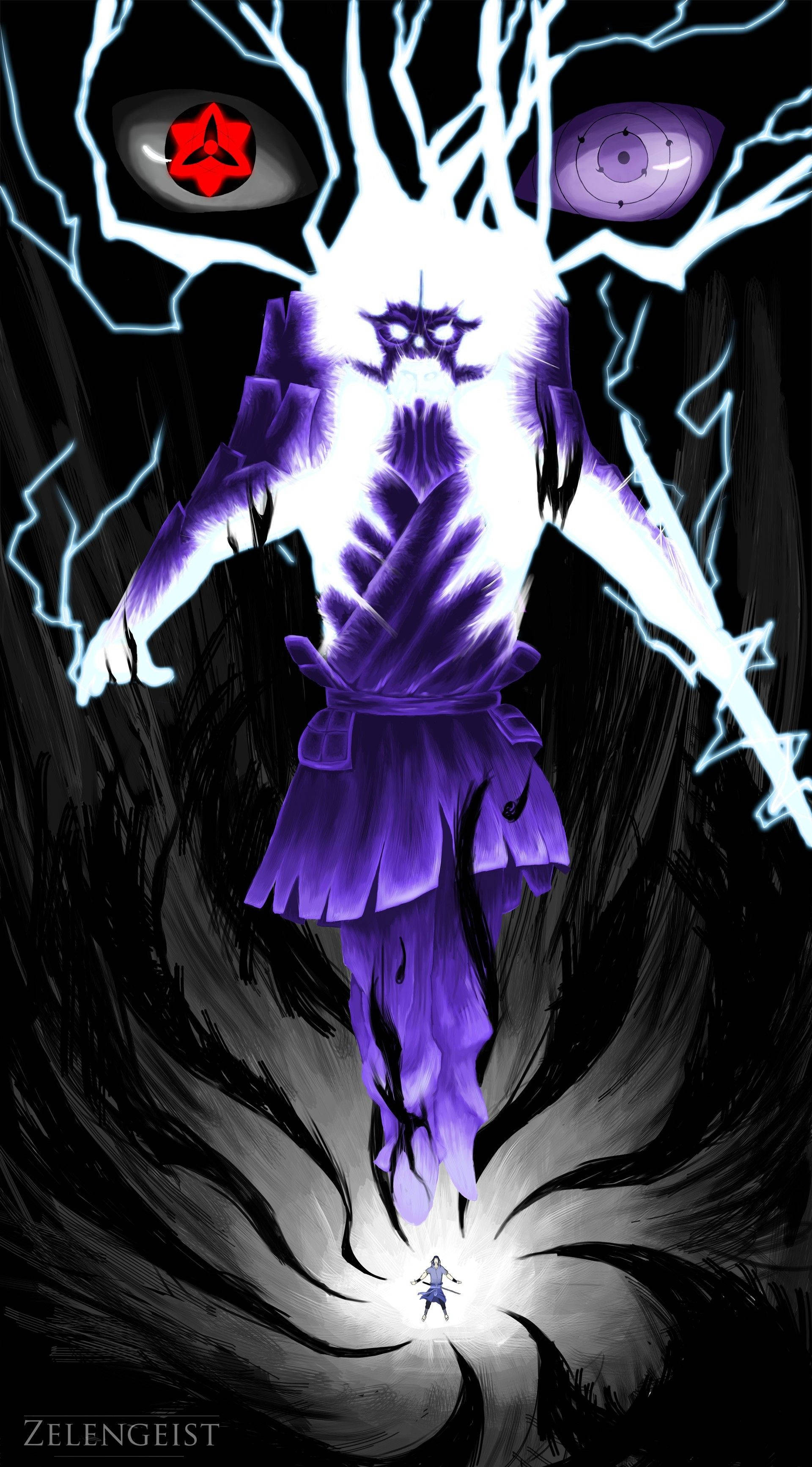 chidori 桌布 壁紙 — 一個高聳的紫色動漫人物，發光的眼睛和閃電，在旋轉的黑暗漩渦中向一個小戰士散發力量。