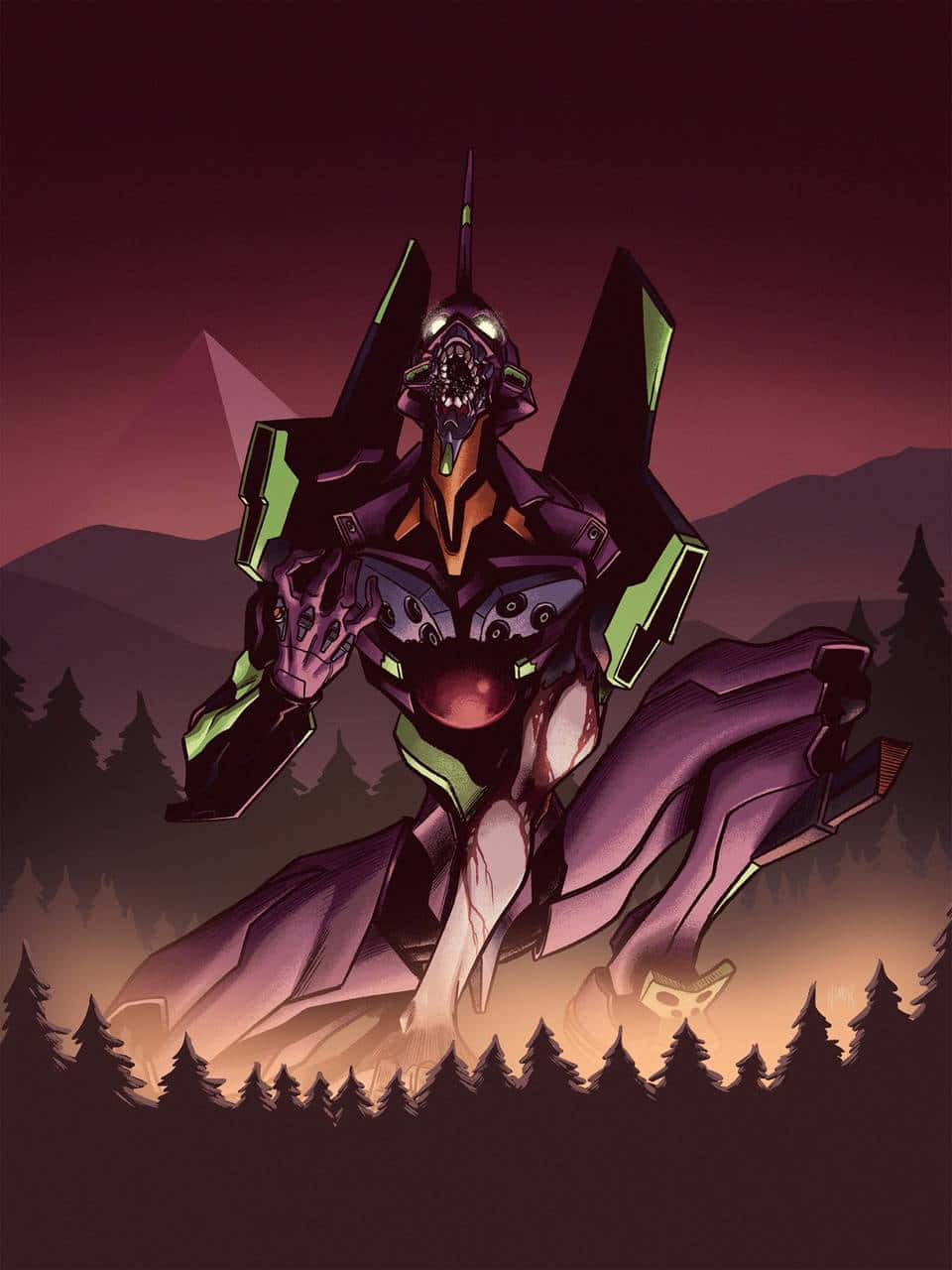 Eva 01 桌布 壁紙 — 一個高聳的紫色和綠色生物機械巨人，在黃昏時分站在森林中，眼睛發光，露出猙獰的笑容。