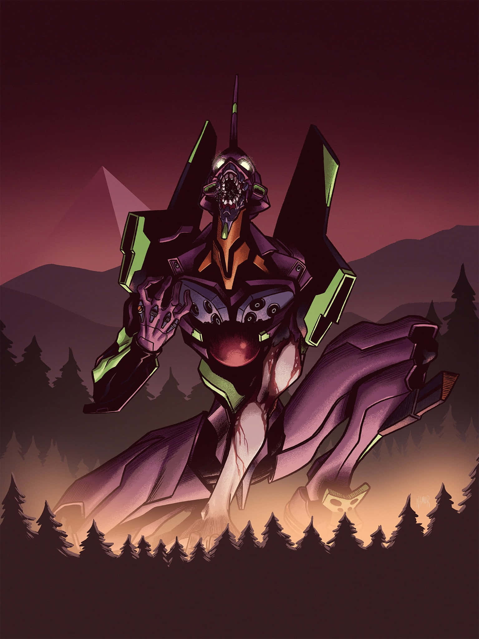 evangelion 4K 桌布 壁紙 — 一個高聳的紫色和綠色生物機械巨人站在黃昏的森林中，眼睛發光，姿態兇猛。