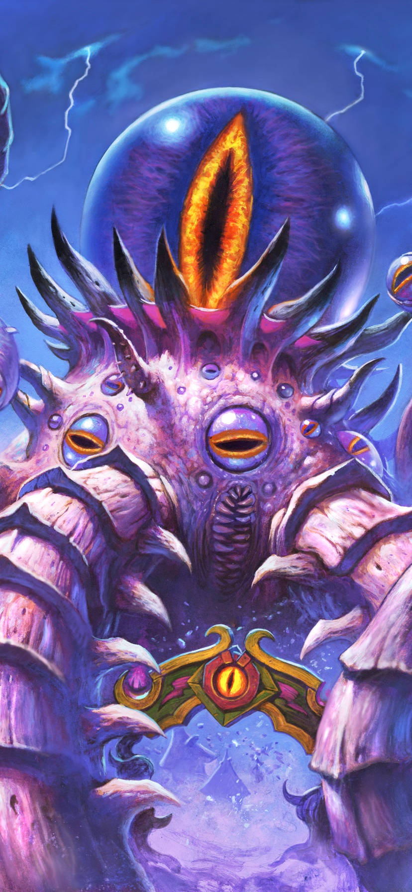 電玩遊戲 桌布 壁紙 — 一個高聳的紫色外星生物，擁有發光的橙色眼睛和頭頂上一個巨大的中央眼睛，主宰著暴風雨的藍色天空。