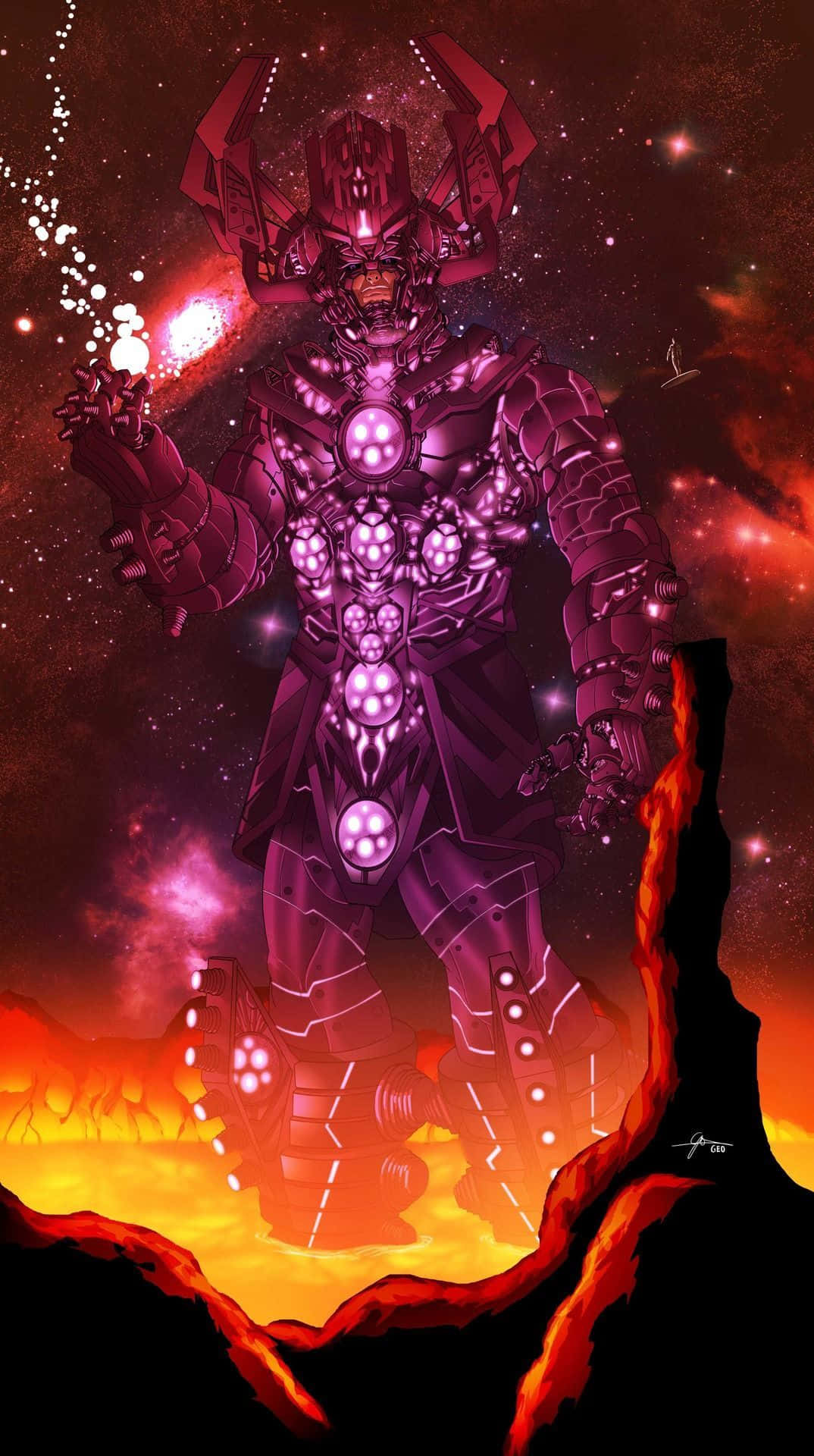 Galactus 桌布 壁紙 — 一個高聳的紫色裝甲宇宙實體站在一個熾熱行星的邊緣，背景是繁星點點的星雲。