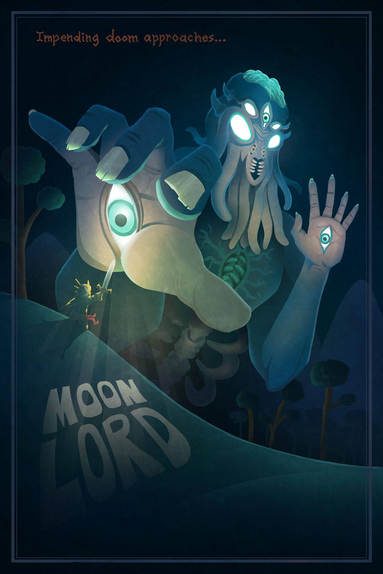 Terraria Moon Lord 桌布 壁紙 — 一個高聳的藍色月亮領主，眼睛和手發著光，在月光下的黑暗森林中籠罩著一個小人物。