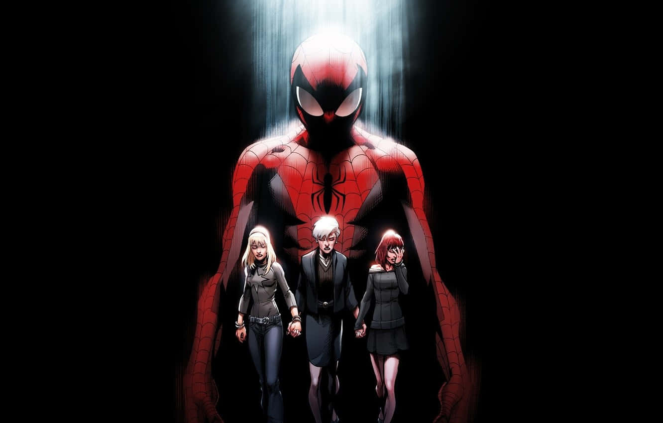 Gwen Stacy 桌布 壁紙 — 一個高聳的蜘蛛人站在戲劇性的背光中，將三個年輕同伴的輪廓映襯在嚴峻的黑色虛空之上。