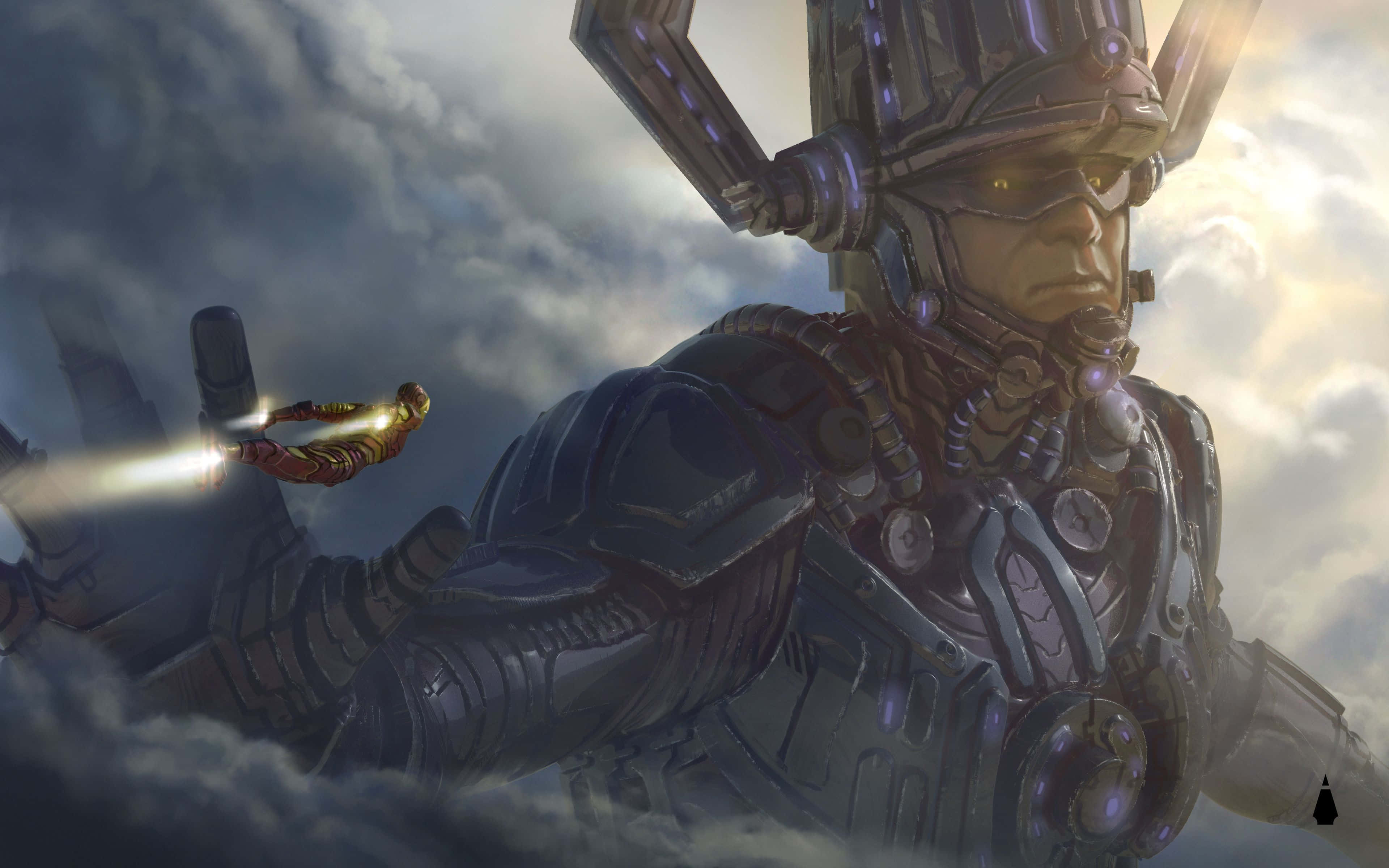 Galactus 桌布 壁紙 — 一個高聳的裝甲人物，擁有發光的眼睛和機械翅膀，在雲層上方盤旋，一個小小的金色人物飛過。