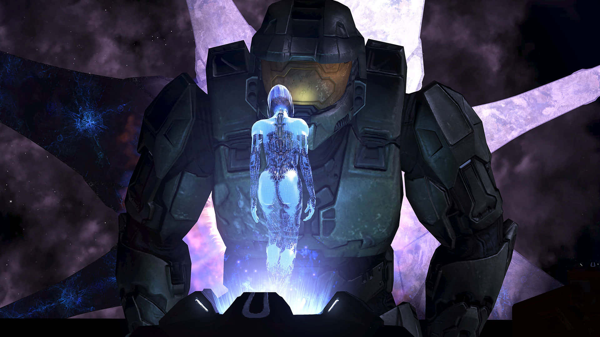 Halo Ark 桌布 壁紙 — 一個高聳的裝甲士兵站在發光的全息人物面前，背景是宇宙星雲。