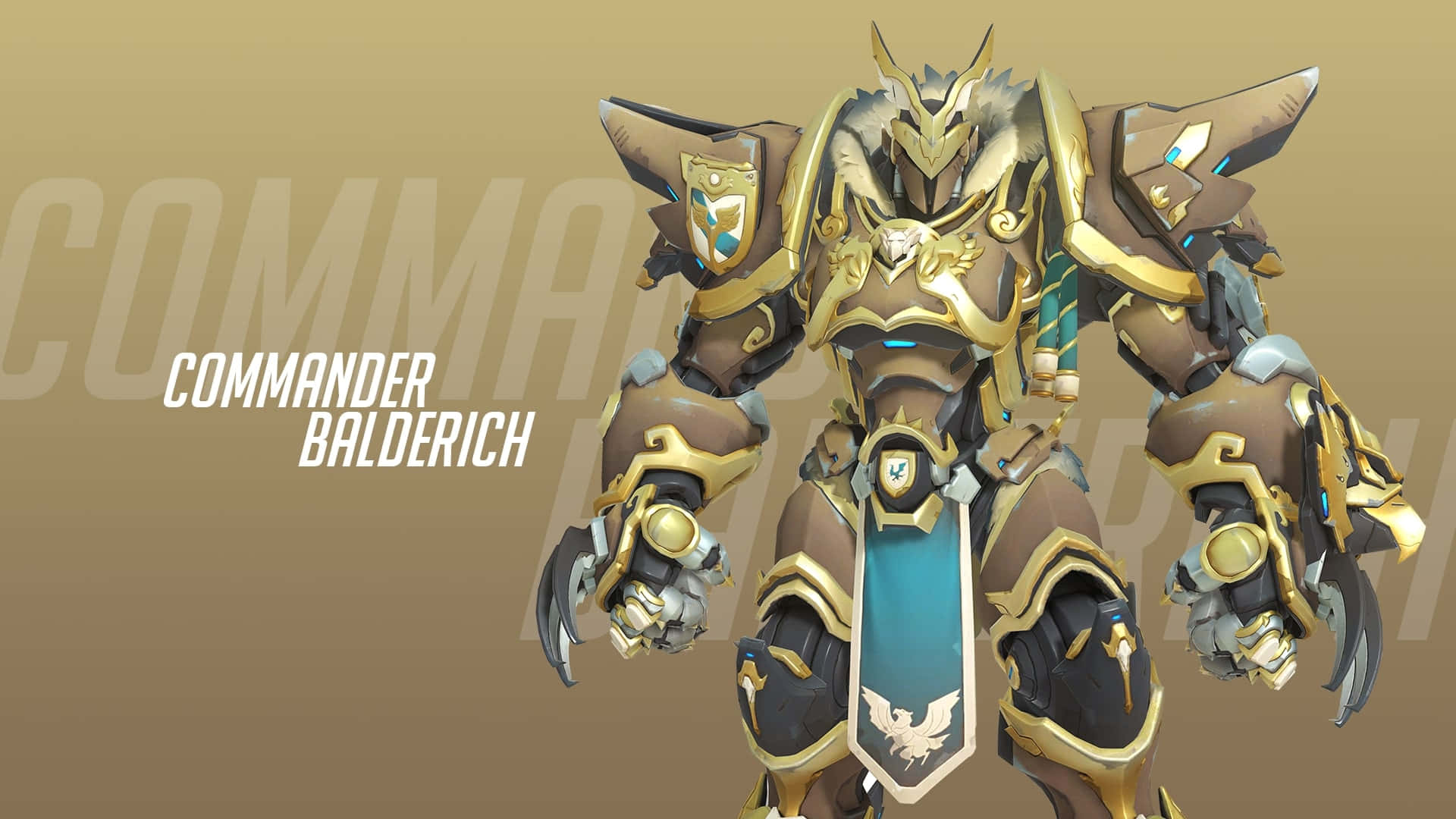 Overwatch Reinhardt 桌布 壁紙 — 一個高聳的裝甲戰士，帶有金色和棕色裝甲以及發光的藍色點綴，站在漸變金色背景前。