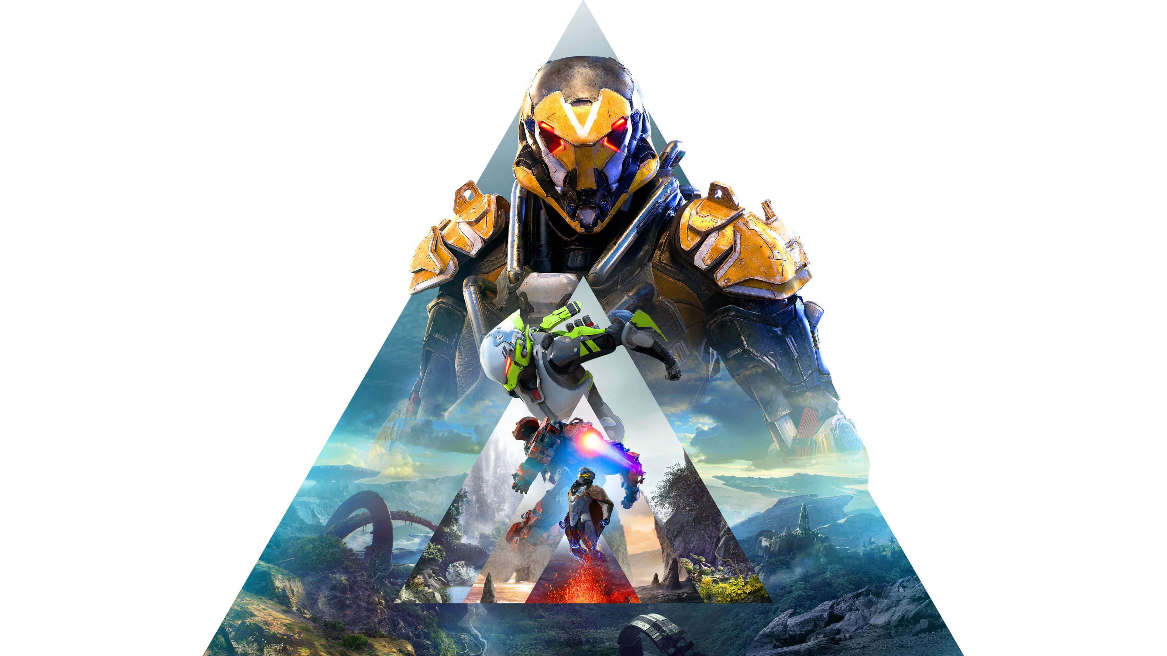 Xbox Games 桌布 壁紙 — 一個高聳的裝甲戰士，擁有發光的紅色眼睛，站在一個三角形山峰頂上，俯瞰著一個充滿活力的奇幻景觀，其中有發光的熔岩和浮島。
