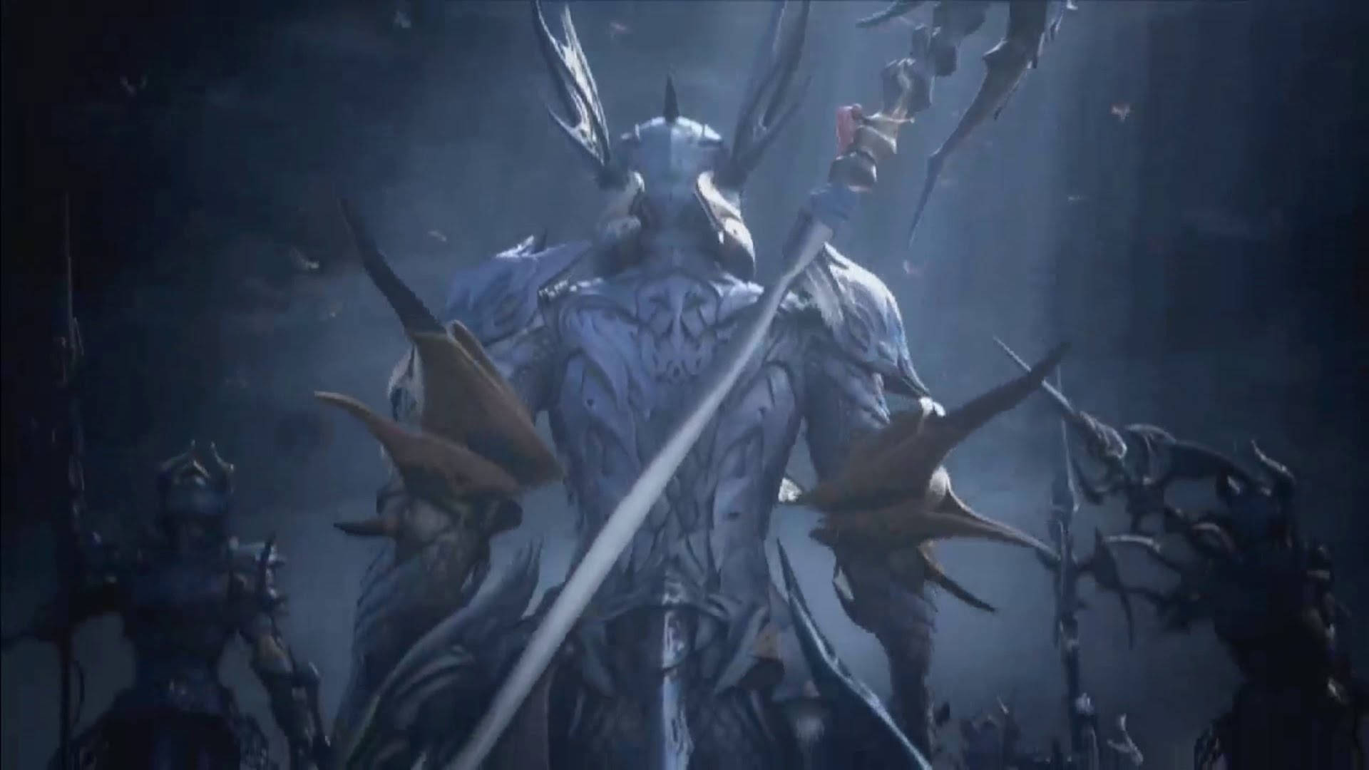 Ffxiv 桌布 壁紙 — 一個高聳的裝甲戰士，頭上有鹿角，背有翅膀，在黑暗迷霧的戰場上揮舞著發光的劍。