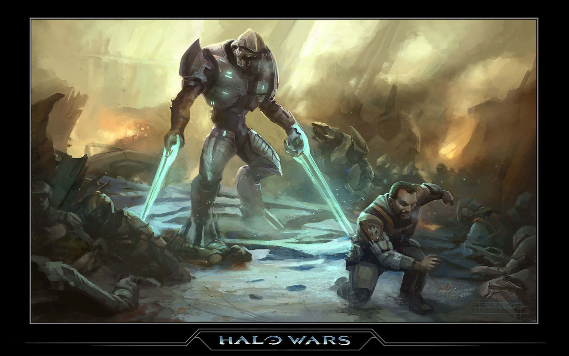 Halo Arbiter 桌布 壁紙 — 一個高聳的裝甲戰士在瓦礫和煙霧的戰場上，對著一個跪著的士兵揮舞著發光的劍。