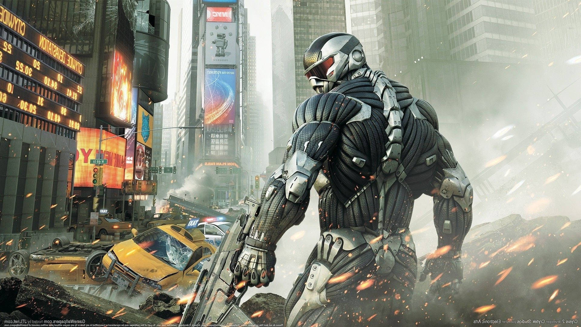 Crysis 3 桌布 壁紙 — 一個高聳的裝甲戰士站在一個破碎的城市景觀中，周圍有燃燒的汽車和高聳的廣告牌。