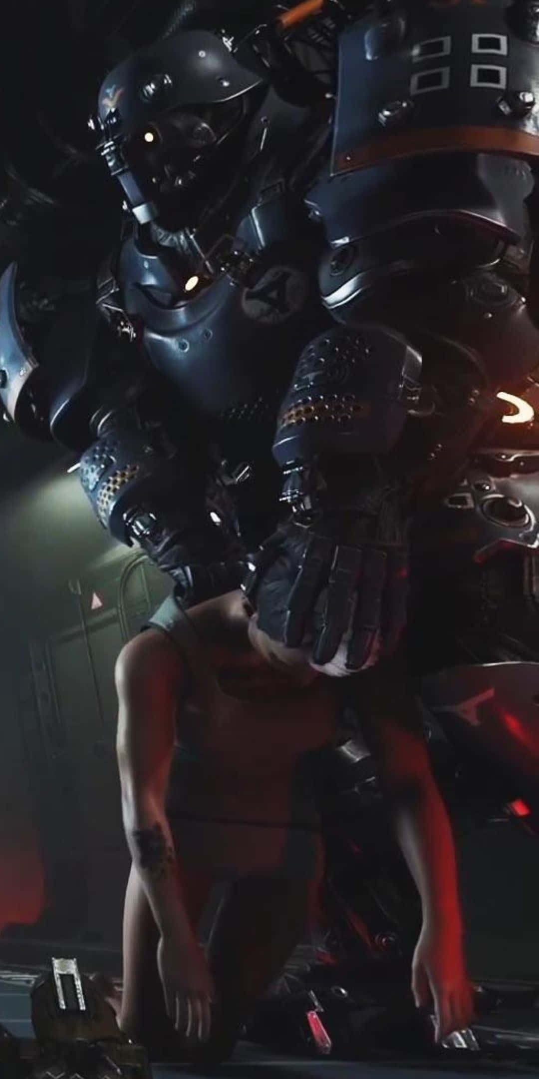 Pixel 3 Wolfenstein Ii 桌布 壁紙 — 一個高聳的裝甲機器人俯視著一個跪著的人類，身處昏暗的工業環境，紅色燈光。