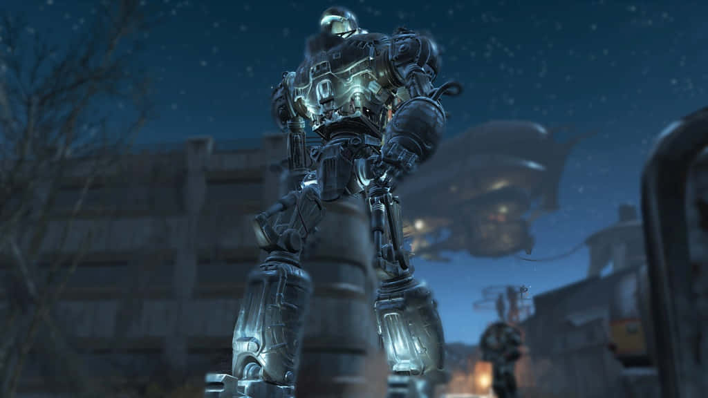 Liberty Prime 桌布 壁紙 — 一個高聳的裝甲機器人站在夜晚廢墟城市中，星空下背景有飛行車輛。