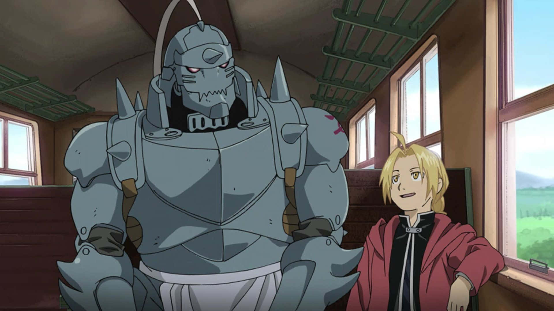 Alphonse Elric 桌布 壁紙 — 一個高聳的裝甲自動機站在一個穿著紅色外套的金髮男孩旁邊，在一節車窗顯示綠色田野的火車車廂內。
