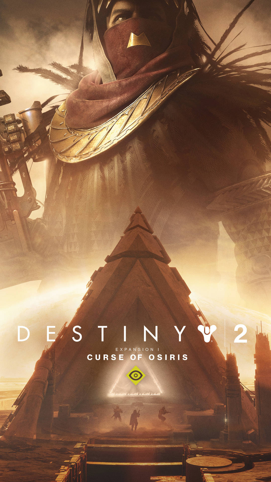 games 桌布 壁紙 — 一個高聳的裝甲身影籠罩著一個類似金字塔的結構，而發光的身影在金色時分的沙漠中站在它面前。