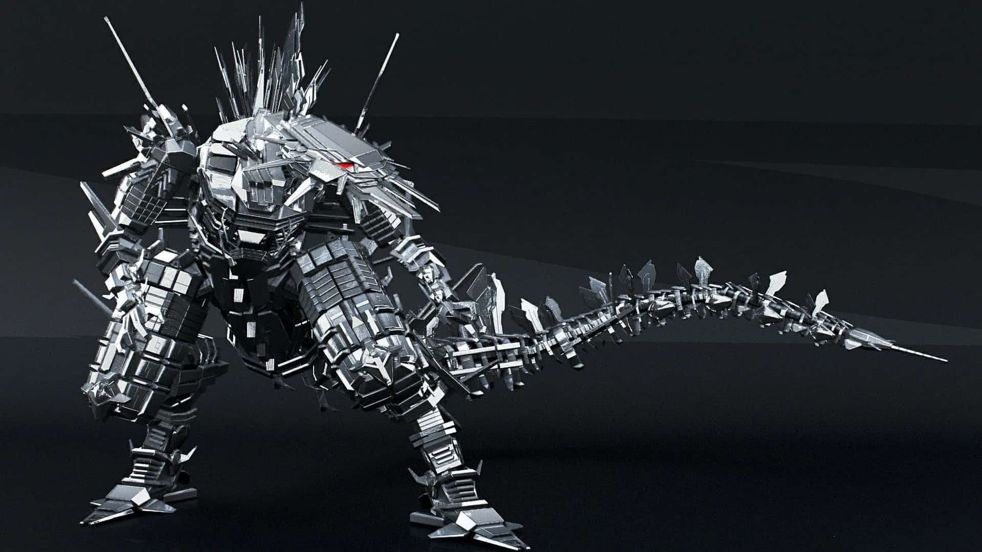 Robot Godzilla 桌布 壁紙 — 一個高聳的金屬哥斯拉-like生物，帶有鋸齒狀尖刺和發光的紅色眼睛，在黑暗背景下威脅性地站立。