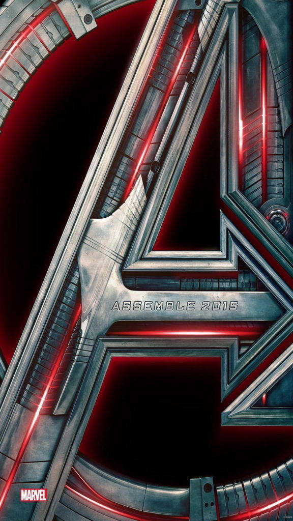 Avengers Phone 桌布 壁紙 — 一個高聳的金屬復仇者聯盟標誌在黑暗背景中發出紅色能量光芒。