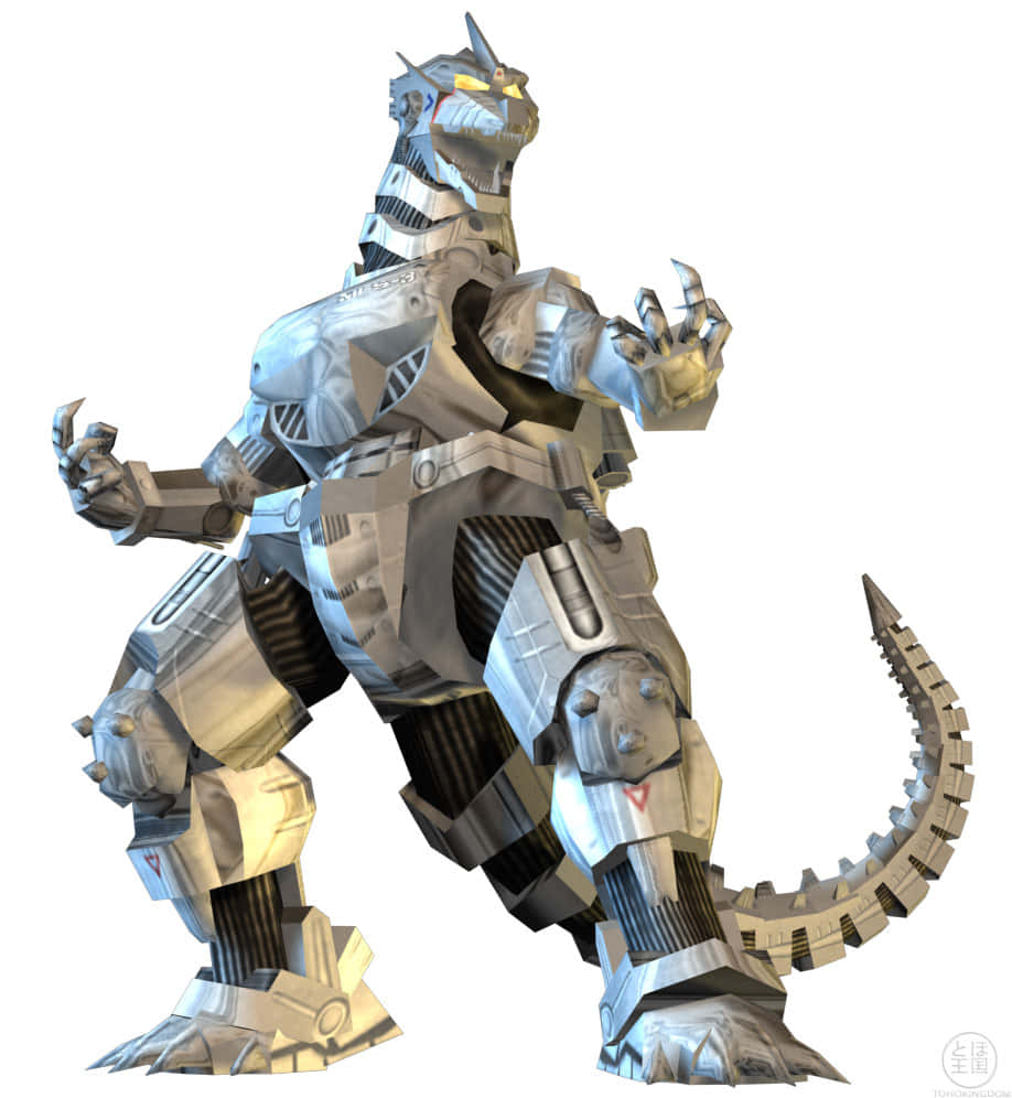 Robot Godzilla 桌布 壁紙 — 一個高聳的金屬機械哥吉拉以動感姿態站立，擁有發光的黃色眼睛和帶刺的尾巴。