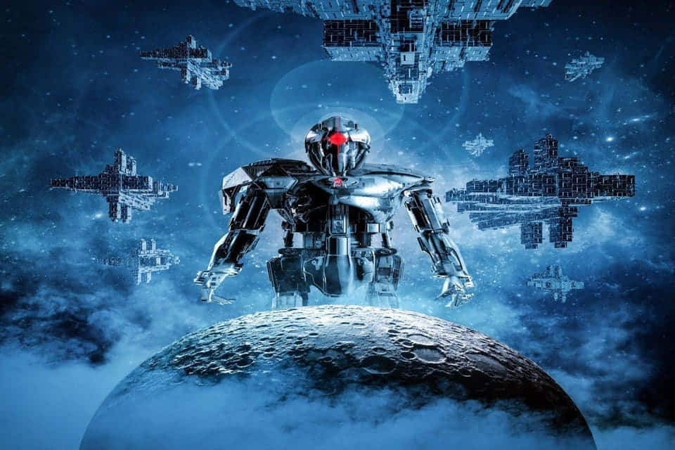 Space Colonization 桌布 壁紙 — 一個高聳的鉻合金機器人，有著紅色眼睛，站在一個佈滿隕石坑的月球上，周圍是漂浮的像素化太空船，背景是繁星點點的藍色虛空。