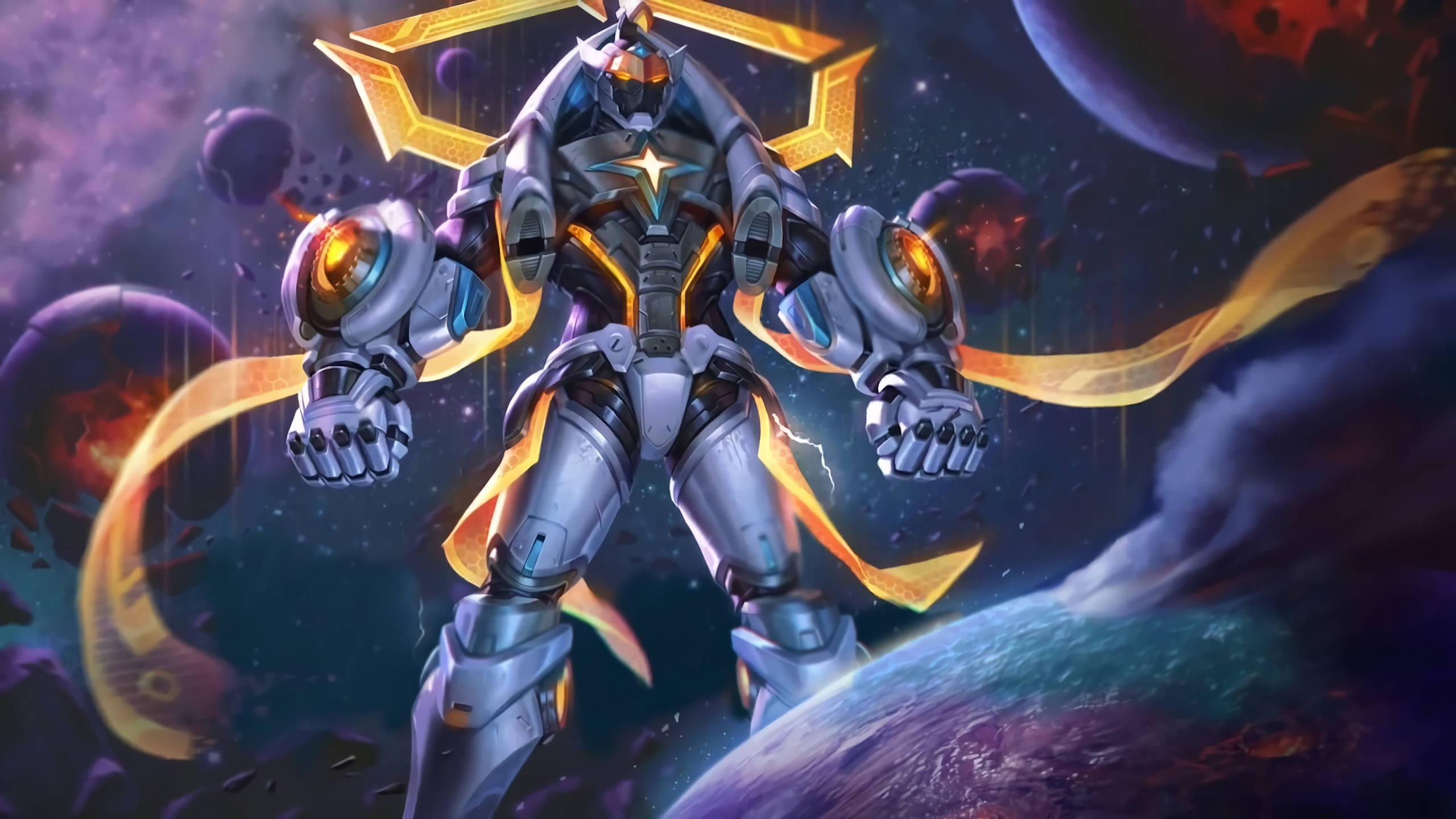 Mobile Legends 動態圖 桌布 壁紙 — 一個高聳的銀色和金色裝甲機器人英雄般地站在一個有行星和發光能量軌跡的宇宙場景中。