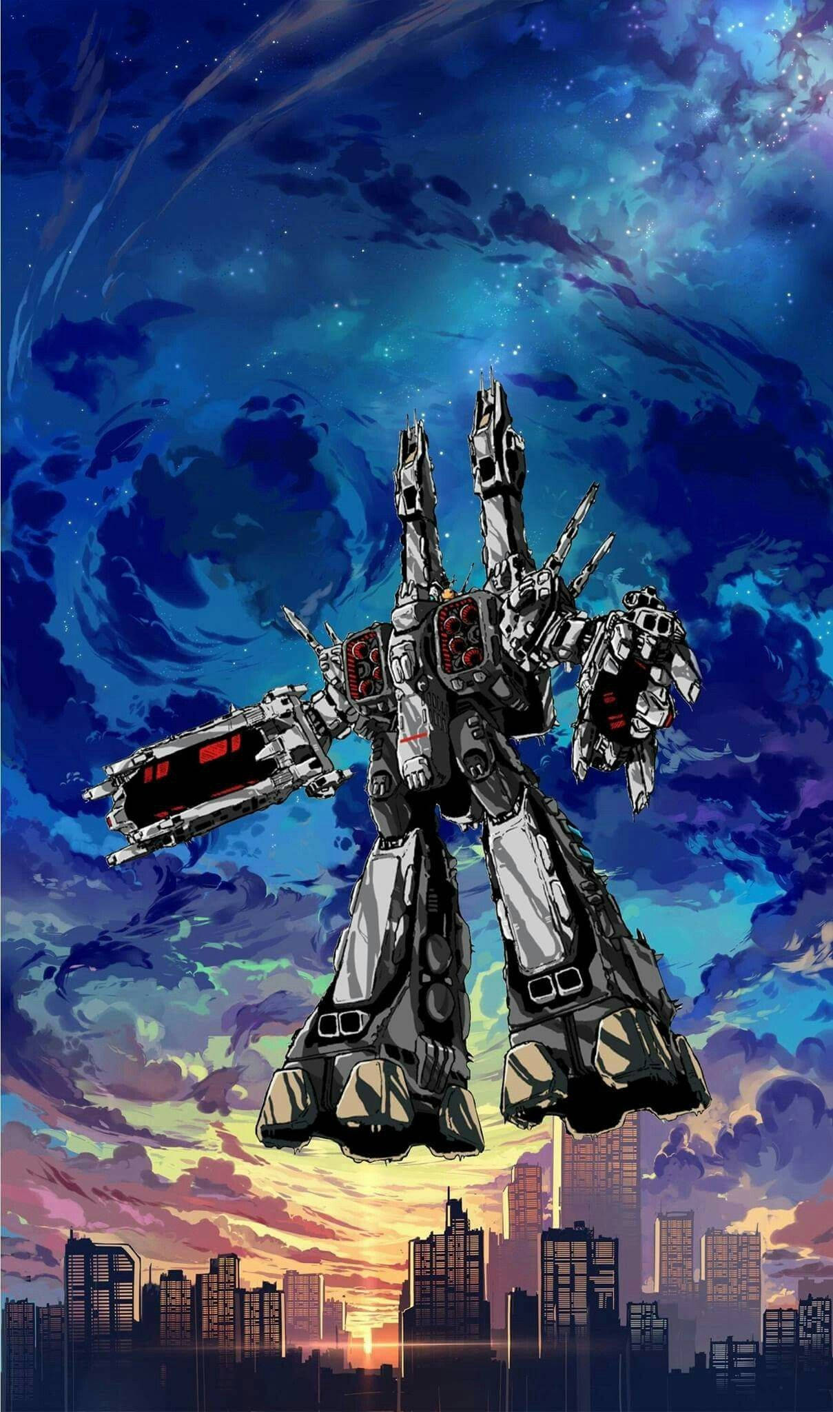 Macross 桌布 壁紙 — 一個高聳的銀色機器人，擁有紅色發光的眼睛和武器，站在城市天際線之上，背景是旋轉的宇宙天空。