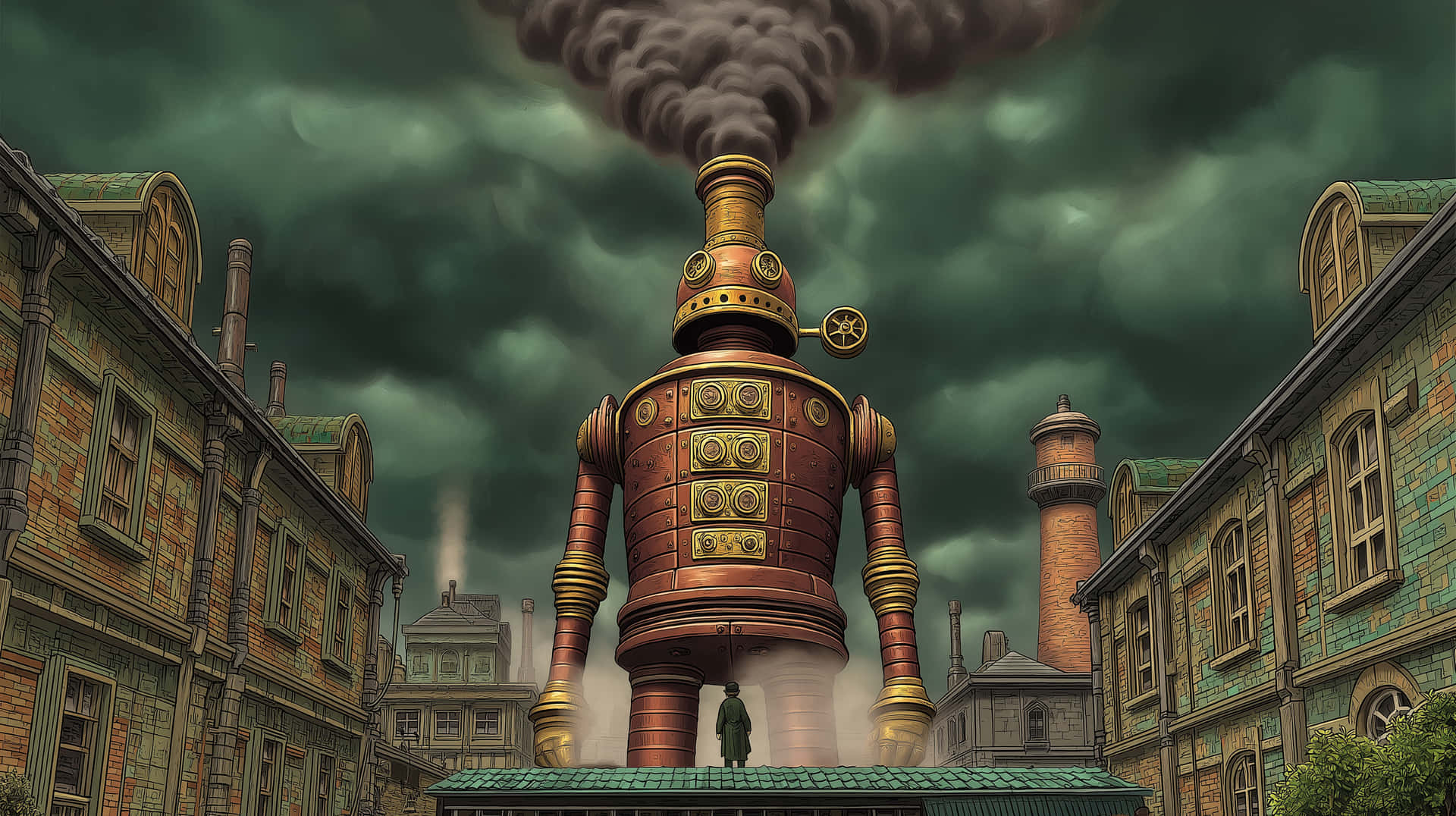 Towering Steampunk Golem in a Smoky Industrial Cityscape 壁紙 — 一個高聳的銅機器人，帶有蒸汽管和金色點綴，站在磚砌建築中，背景是黑暗的暴風雨天空。