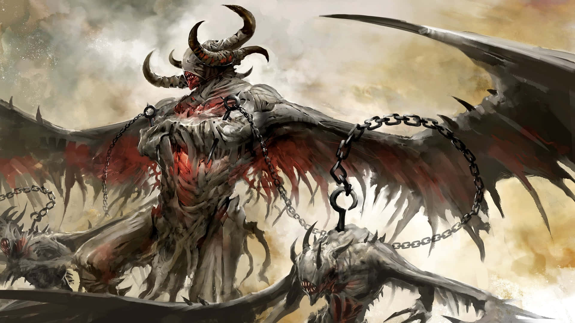 Demon Realm 桌布 壁紙 — 一個高聳的長角惡魔，擁有破爛的翅膀和鎖鏈，主宰著暴風雨的天空，兩側有較小的惡魔生物。