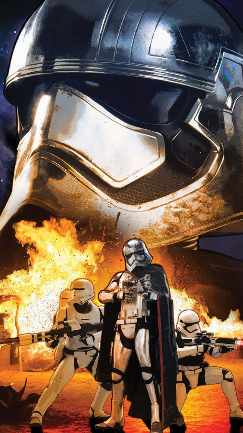 Captain Phasma 桌布 壁紙 — 一個高聳的風暴兵頭盔籠罩著三名在星空中火焰爆炸中射擊爆能槍的士兵。