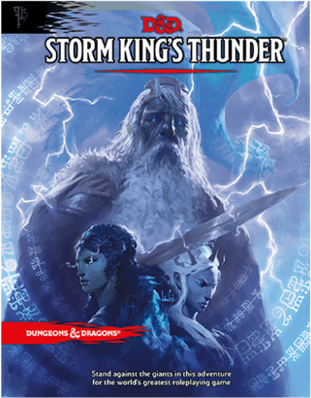 Dungeons And Dragons 桌布 壁紙 — 一個高聳的風暴巨人，雙眼發出藍光，周圍閃電噼啪作響，在戲劇性的奇幻場景中俯視著兩個堅定的冒險者。
