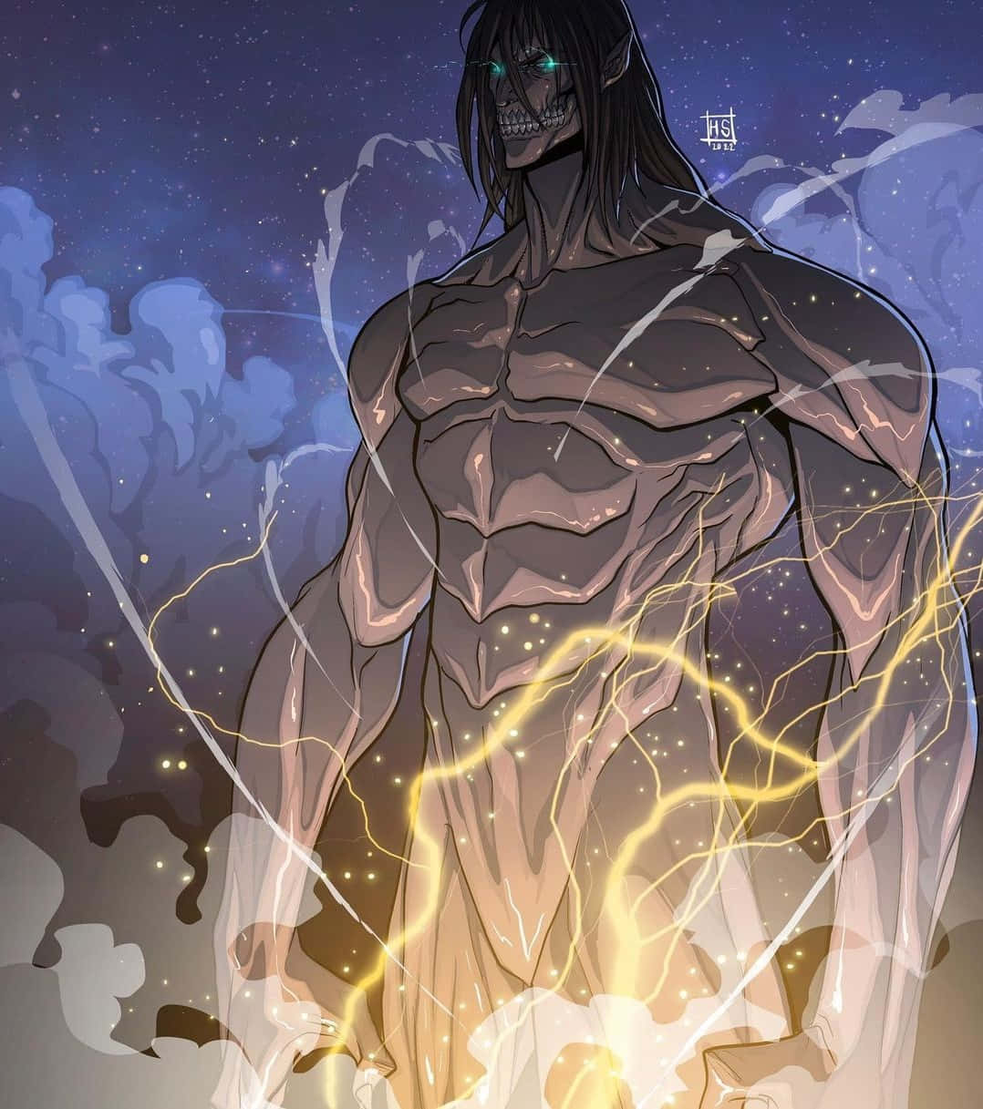 Founding Titan 桌布 壁紙 — 一個高聳的骷髏巨人，眼睛發光，閃電噼啪作響，從雲層中衝出，背景是繁星點點的夜空。