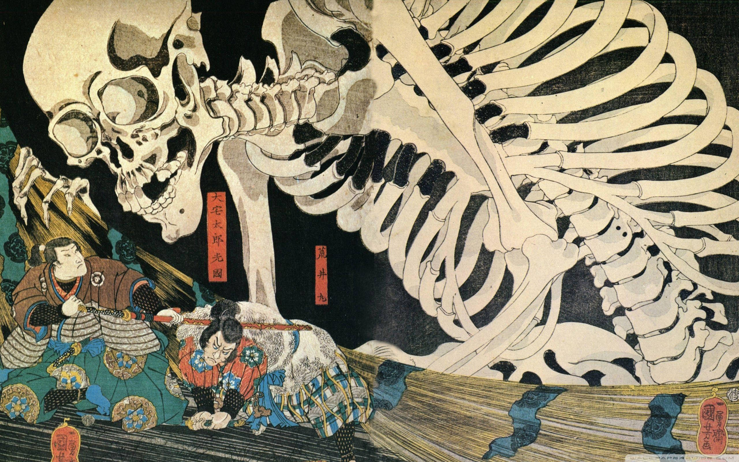 Samurai Art 桌布 壁紙 — 一個高聳的骷髏巨人籠罩著兩位武士，呈現出戲劇性的浮世繪木版畫風格。