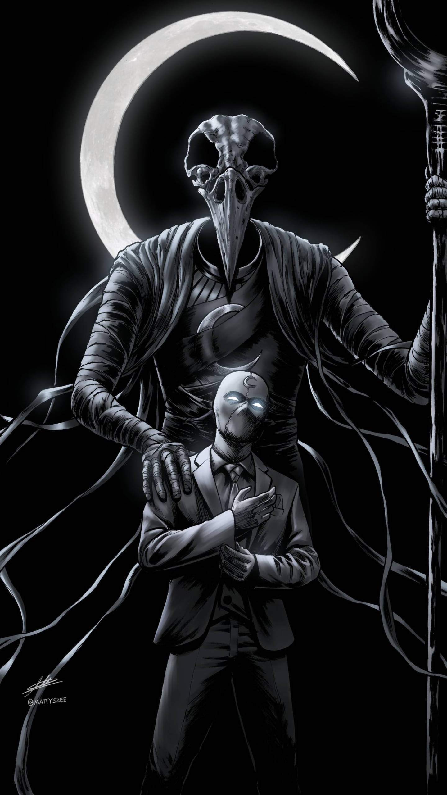 Moon Knight 桌布 壁紙 — 一個高聳的骷髏瘟疫醫生籠罩著一個跪在月亮下的西裝男子。