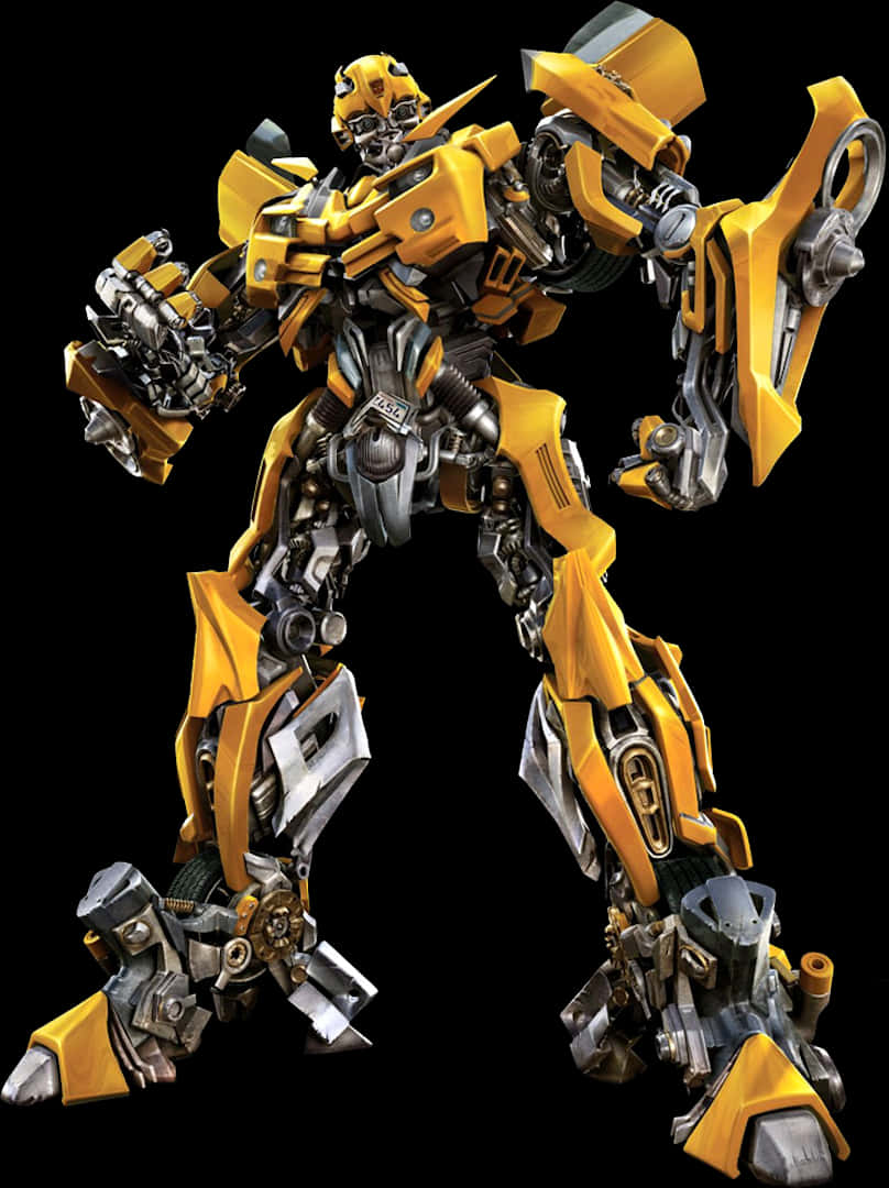 Transformers Bumblebee 桌布 壁紙 — 一個高聳的黃色和銀色機器人以動態姿勢站在黑色背景前，展示複雜的機械細節。