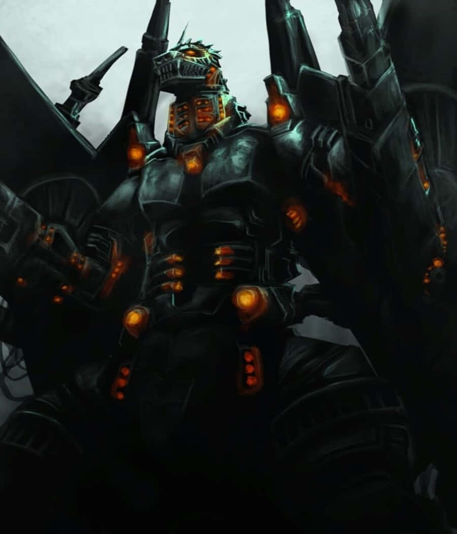 mechagodzilla 桌布 壁紙 — 一個高聳的黑暗裝甲機甲，帶有發光的橙色燈光，在陰沉天空下威嚴地站立。