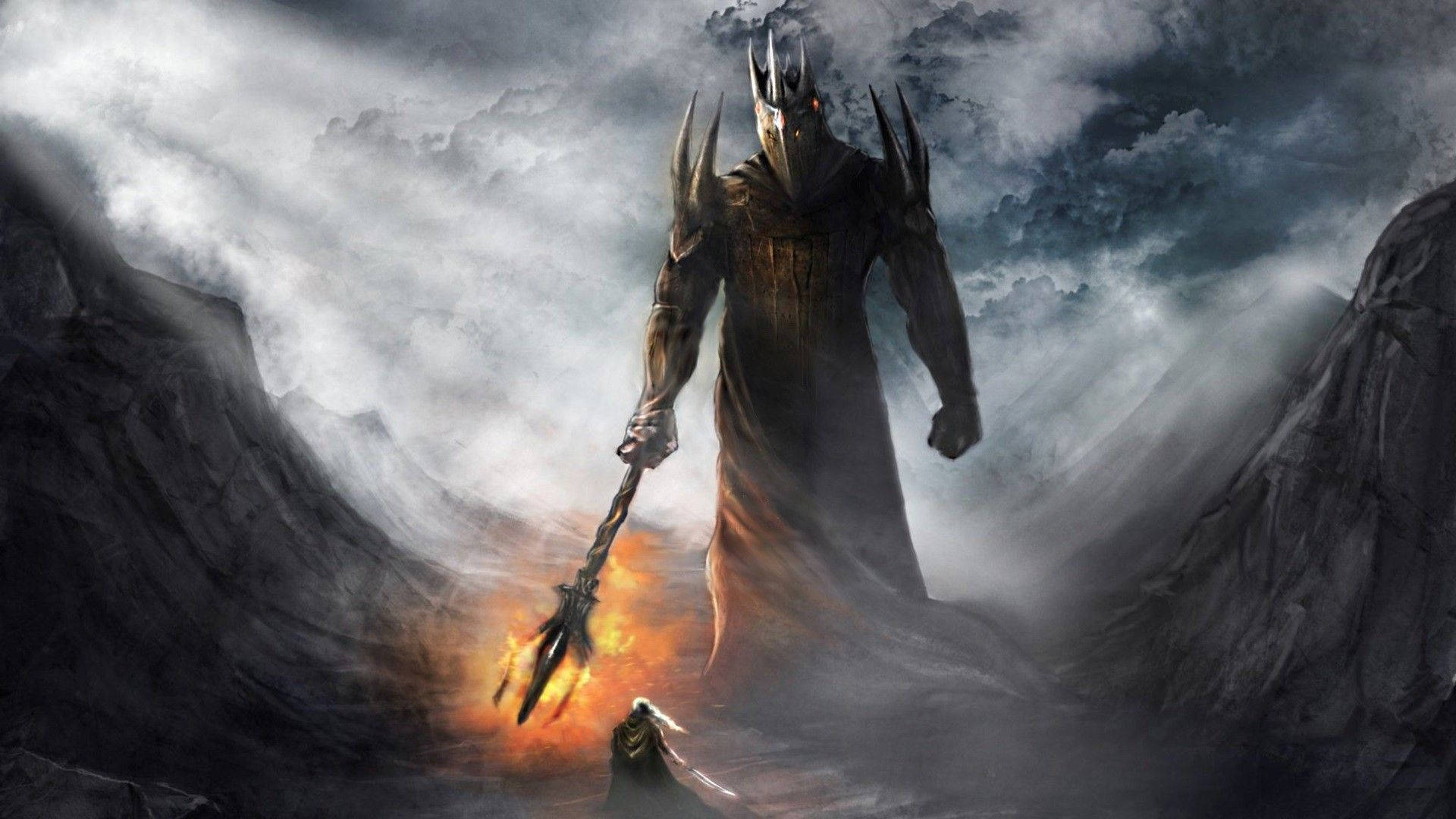 Lotr 桌布 壁紙 — 一個高聳的黑暗領主，眼睛發光，頭戴尖刺王冠，在風暴山口中威嚇地站立，手持火焰長矛，對準一個跪著的小人物。