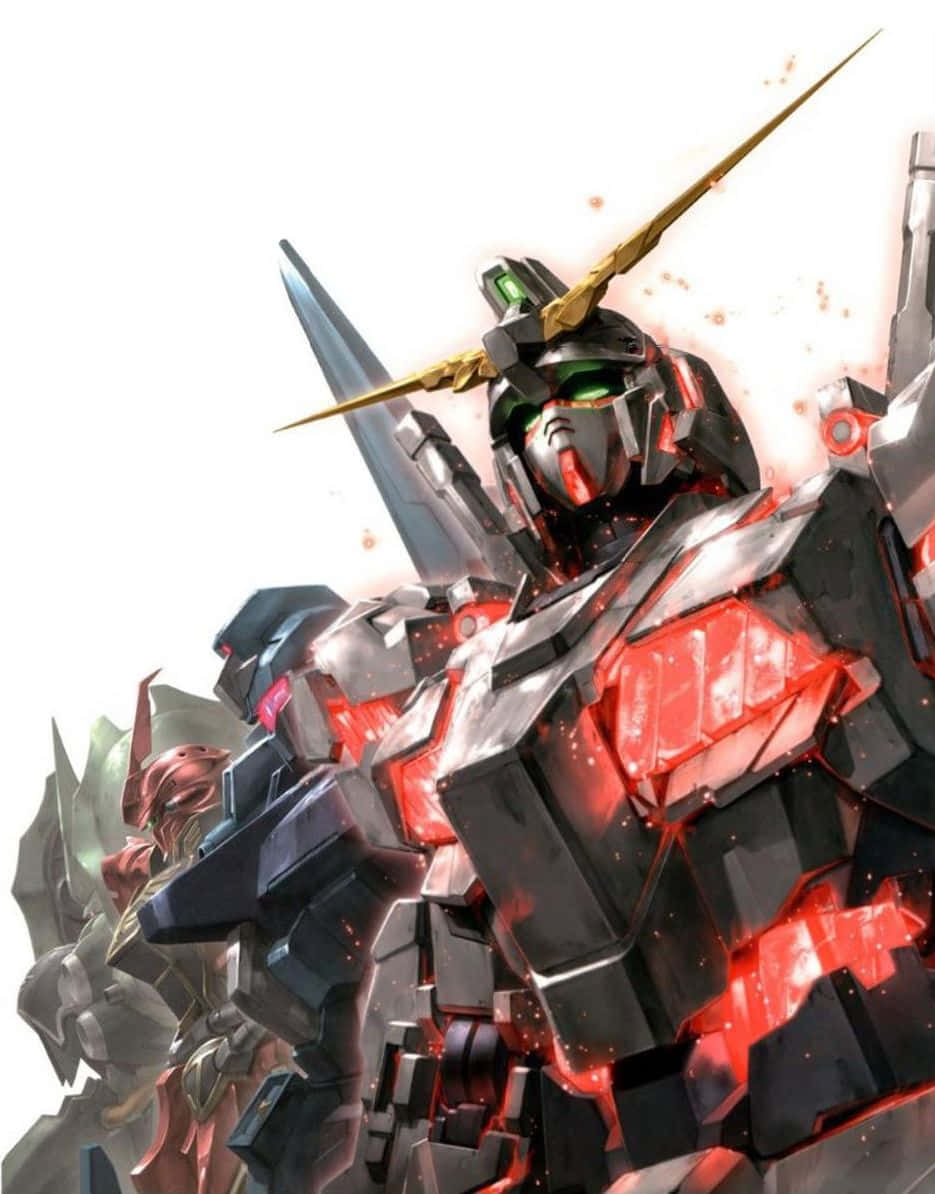 Gundam Unicorn 桌布 壁紙 — 一個高聳的黑色和紅色鋼彈機甲，帶有發光的綠色眼睛和金色角，在明亮的白色背景前擺出動態姿勢。