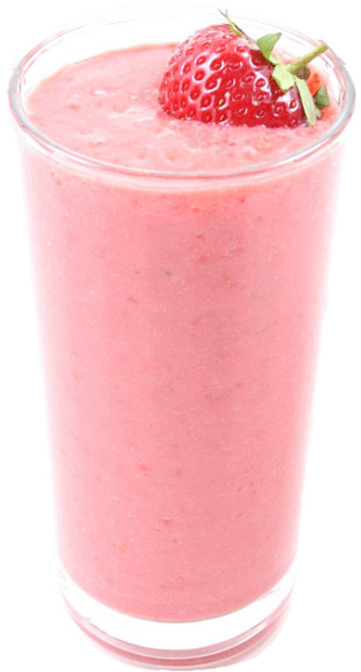 Smoothie 桌布 壁紙 — 一個高腳杯裝滿充滿活力的粉紅色草莓奶昔，上面放上新鮮的整顆草莓。